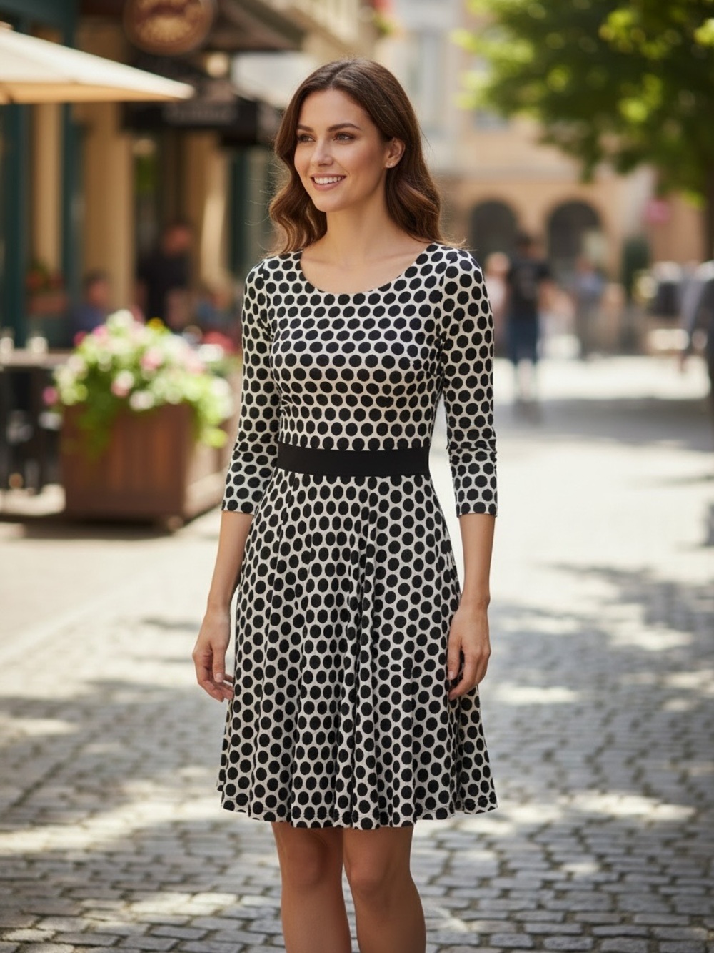 Oleg Cassini Dress Polka Dots Black Tan Size 2